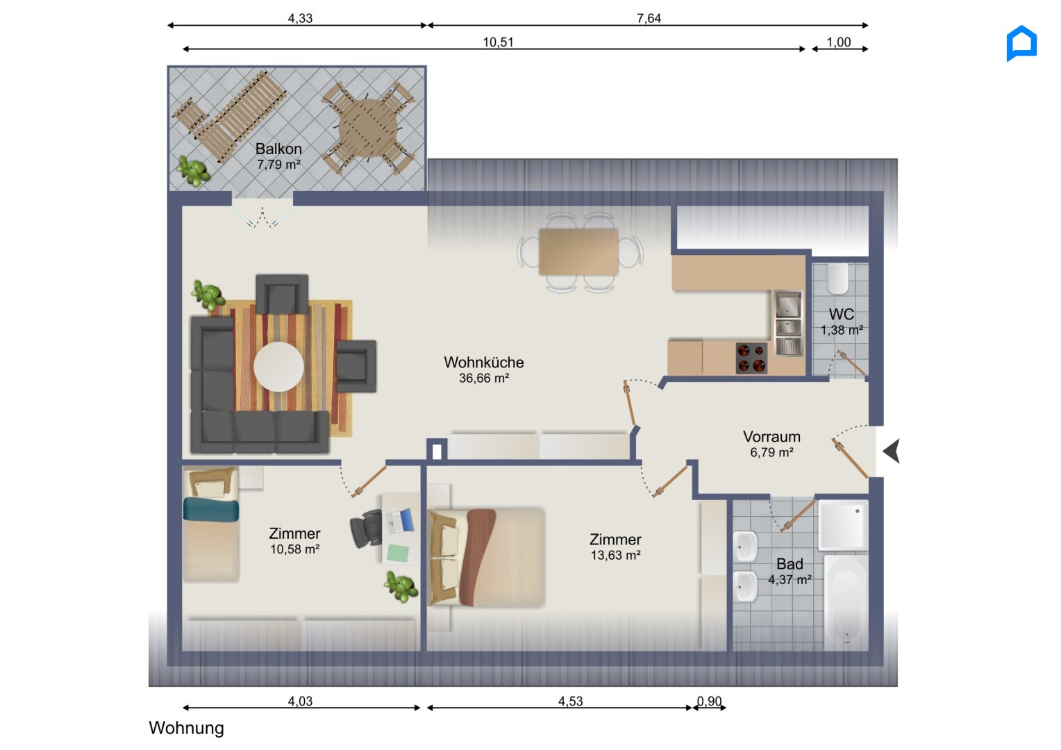 3 Zimmer plus Balkon