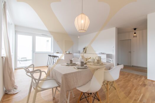 MIETE mit KAUFOPTION - Familienfreundliche 4-Zimmer-Wohnung mit sonniger Terrasse in St. Pölten zu vermieten! Beispielfoto Wohn-/Essbereich - Mustermöblierung