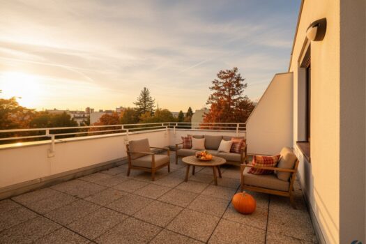 Ihr Rückzugsort über den Dächern – bezugsfertig, zentral und mit traumhaftem Weitblick! West-Terrasse Gestaltungsbeispiel (KI generiert)
