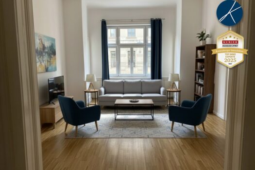 Traumhaftes Altbau-Juwel - kreisförmig begehbar! Erkerzimmer Möblierungsmöglichkeit (KI Vorschlag)