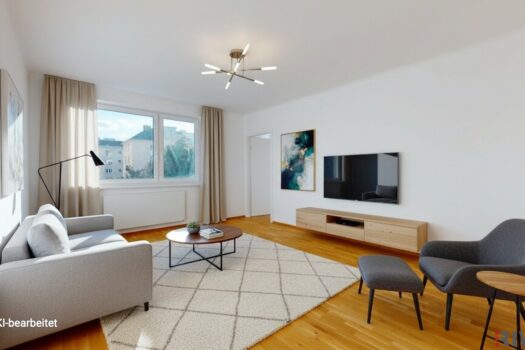 ERSTBEZUG nach Sanierung I Großzügige 3 Zimmer Wohnung in Alte Donau Nähe I Tischler Einbauküche inkl. Siemensgeräte I Gratis Miele Waschtrockner bei Kauf bis 31.12.25 Wohnzimmer KI-Bearbeitet