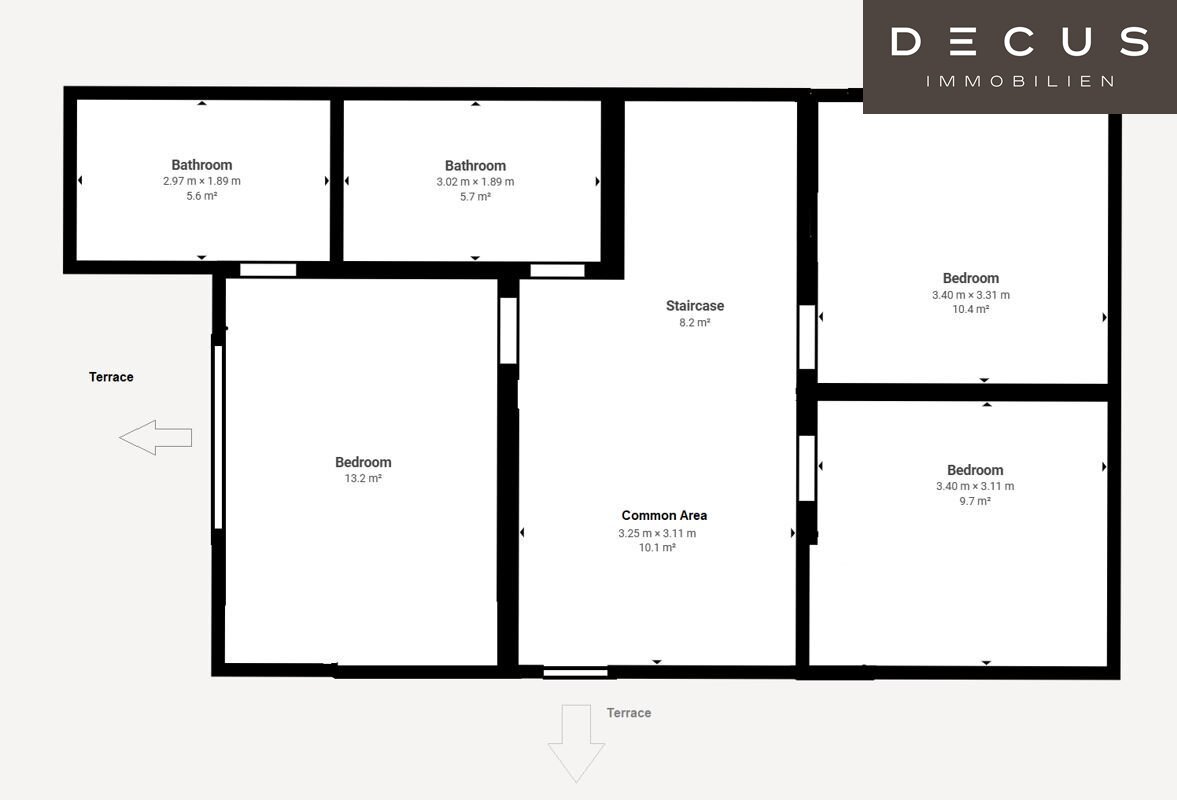 1. Etage - Schlafzimmer, Bäder, Terrassen