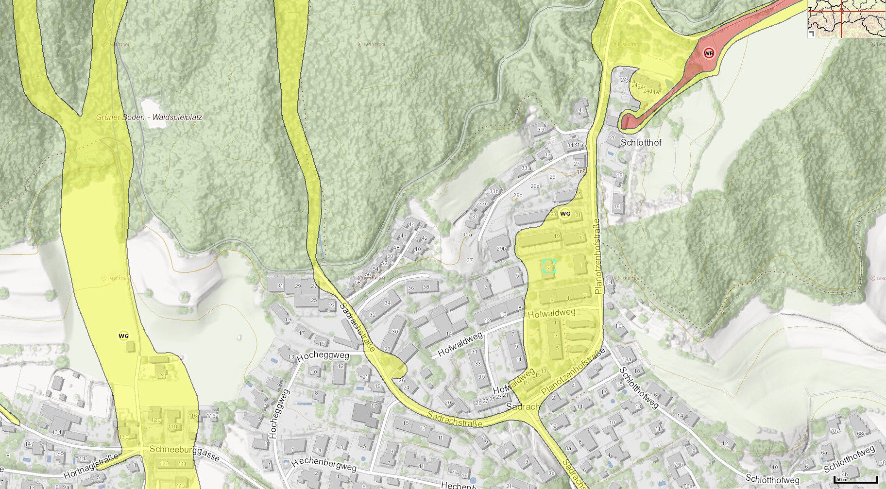 Gefahrenzonenplan laut Tiris (Wildbachverbauung, Wasser)