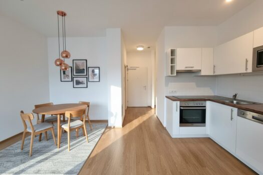 Wohnen mit großen Balkon. Eine Oase mitten in der Stadt Wohnküche / KI-generiete Inhalte