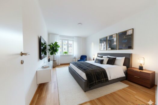 ERSTBEZUG nach Sanierung I Komfortable 3 Zimmer Wohnung Inkl. Tischler-Küche I Idyllischer Gemeinschaftsgarten Schlafzimmer KI-Bearbeitet