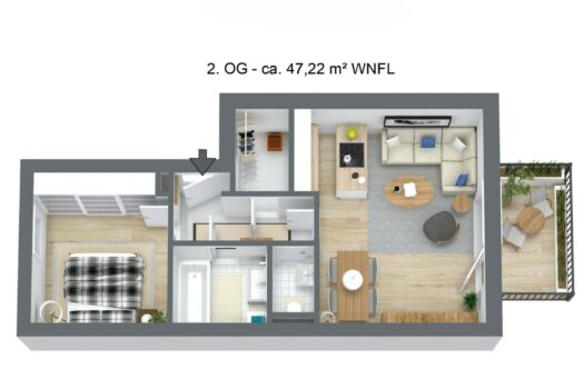 Moderne 2-Zimmer-Wohnung in Graz-Eggenberg - gepflegt, sonnig und vermietet Gaswerkstraße 77 W 9 - 3D-Grundriss