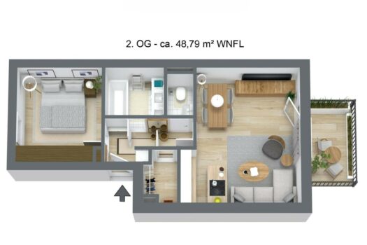 Moderne 2-Zimmer-Anlegerwohnung in Graz-Eggenberg - mit laufenden Mieteinnahmen Gaswerkstraße 77 W 8 - 3D-Grundriss
