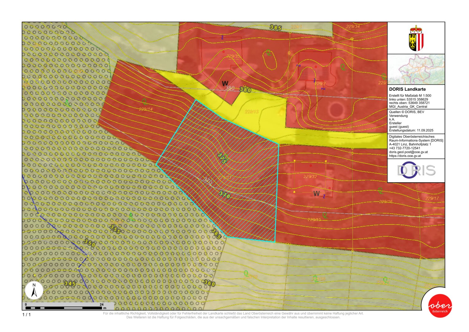 Kataster beide Parzellen / Gesamtgrundstück - Flächenwidmung Bauland, Höhenschichtlinien