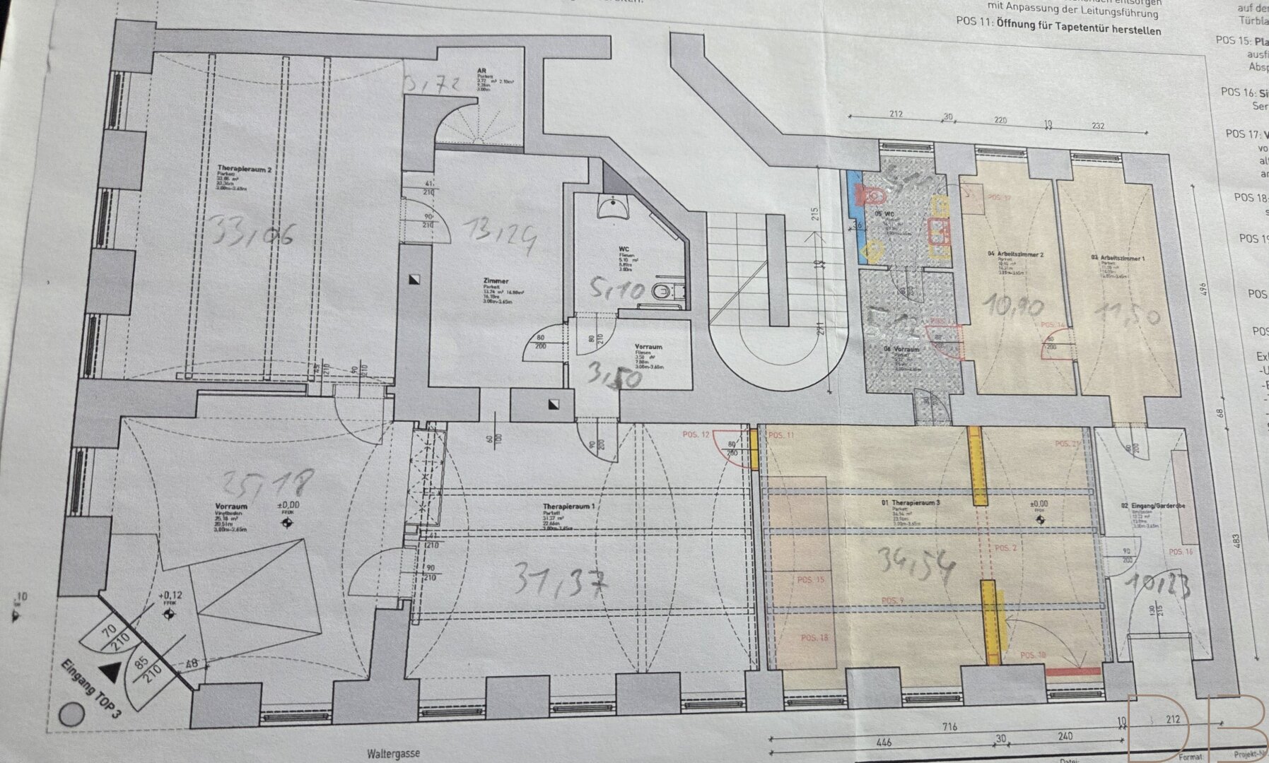 Grundriss EG (Wand zwischen dem gelb markierten Raum und dem links angrenzenden, wurde entfernt)
