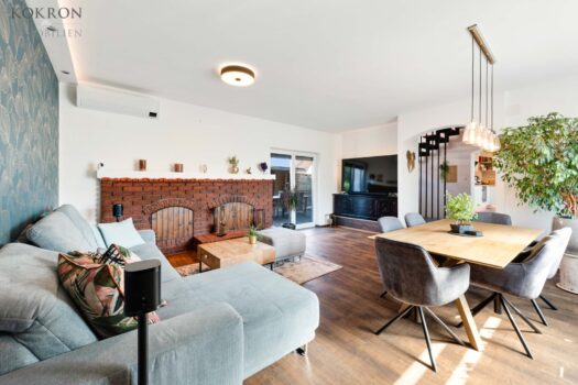 Wohnzimmer mit Kamin und Ausgang zur Terrasse, Neubau