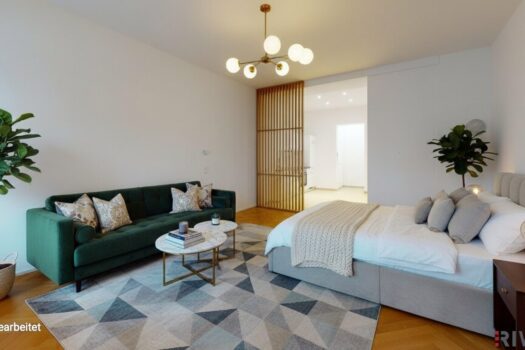 Sanierte 1 Zimmer Stilaltbauwohnung | PARKAUSRICHTUNG | AIRBNB tauglich | Ca. 2 Min. zur U4 SCHÖNBRUNN Wohnzimmer KI-Bearbeitet