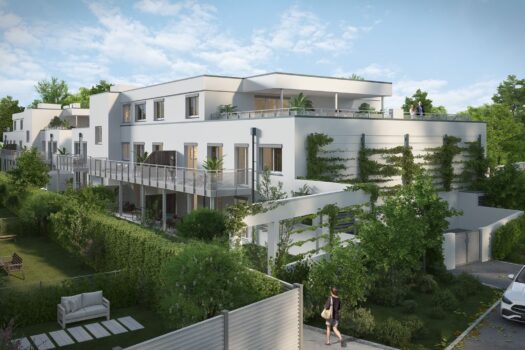 Provisionsfrei für den Käufer! Die Donau vor der Tür – Urlaubstimmung und üppiges Grün in der Fischerzeile, elegante Eigentumswohnungen mit Gärten, Terrassen und Balkone! Garagenplatz inklusive! Schlüsselfertig! Objektansicht
