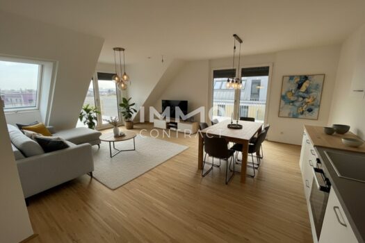 Jetzt Erstbezug sichern: 3-Zimmer-DG mit Kühlung, zwei Dachterrassen & 2 Monate mietfrei Visualisierung_Einrichtung_Wohnküche