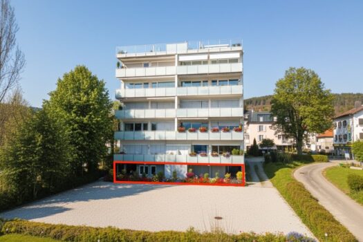 Exklusive Eigentumswohnung in Pörtschach am Wörthersee – 112 m² Wohnfläche, Terrasse, Seeblick & Stellplatz Luftbild mit eingezeichneter Wohnung