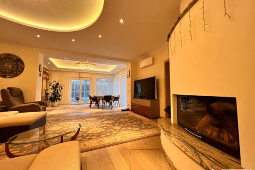 Exklusive Luxusvilla mit Pool und traumhaftem Garten in begehrter Lage von Bruckhaufen nahe Alte Donau und UNO City. Wohnzimmer mit Kamin