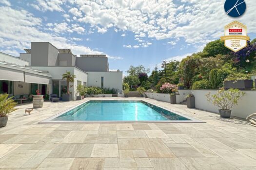 Große Terrasse mit Edelstahl-Überlaufpool
