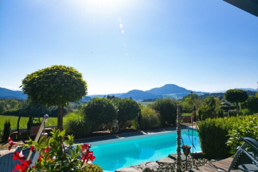 Ausblick von der Terrasse auf die Karawanken