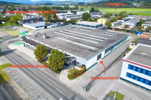 Flexible Lager- und Produktionshalle in Klagenfurt-Ost – ideal zur Teilung in zwei Mieteinheiten Luftbild Gewerbefläche
